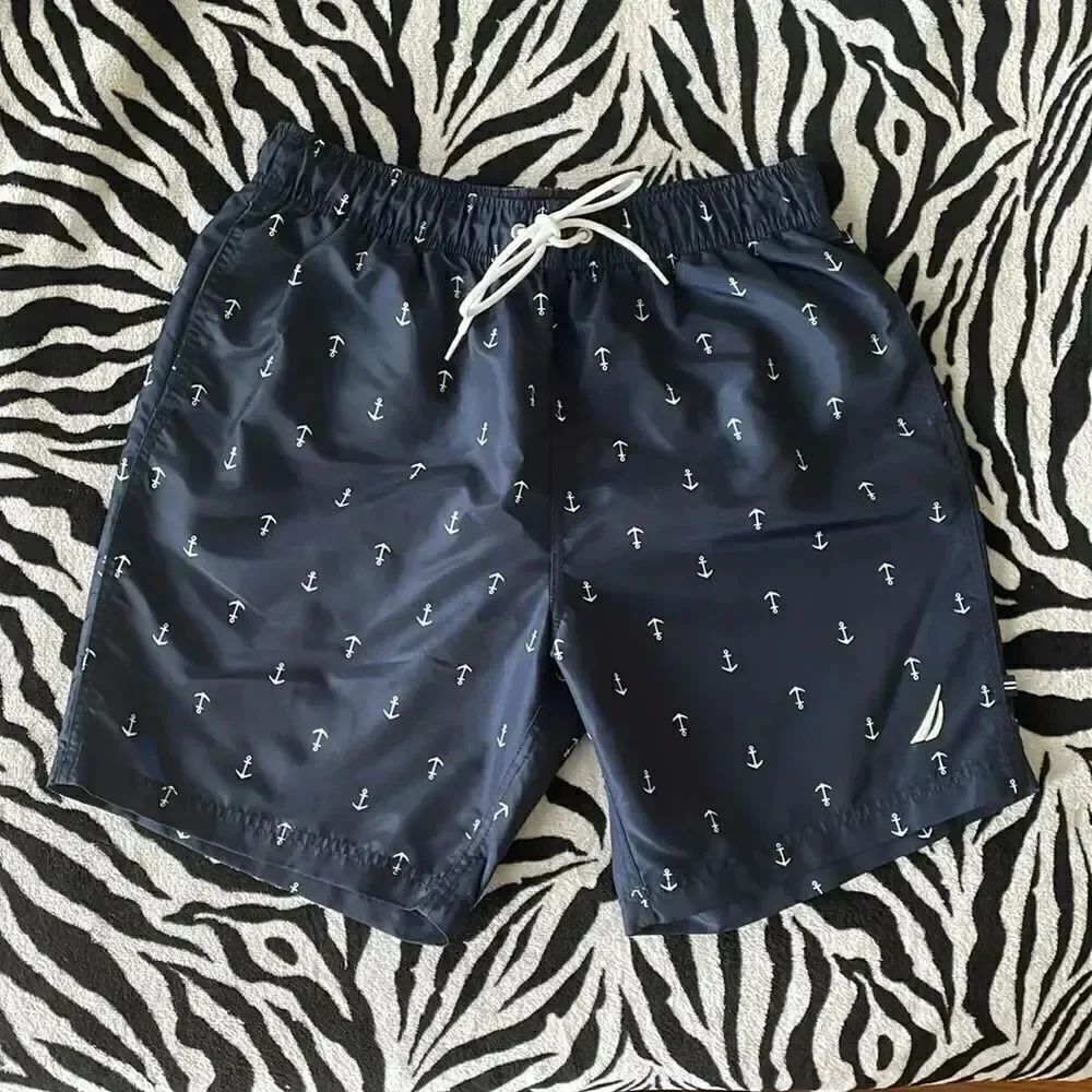 Nautica Men's Quick-Dry white Anchor Print Swim Trunks swimming shorts pockets